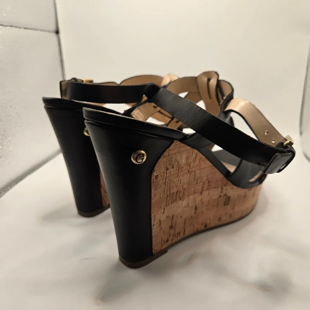Guess Wedge Sandals Womens 8.5 Black ‎ Leather Cork Strappy Platform (S11)
